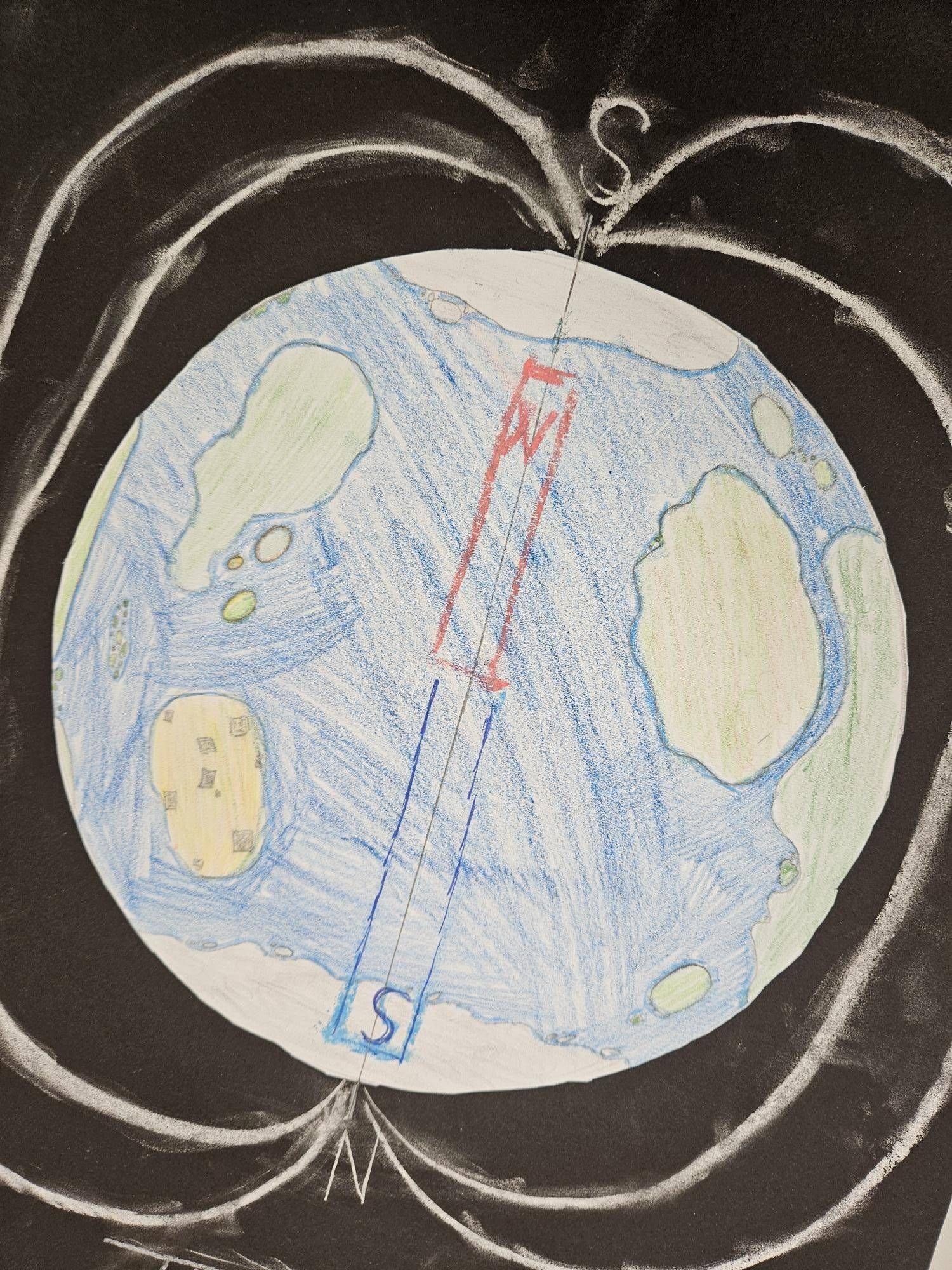 Zeichnung: Emilia O., 4. Kl.-Magnetfeld mit Feldlinien